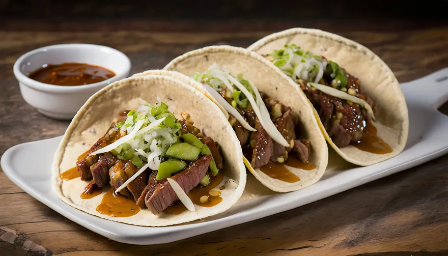 Taco de lámina de rib eye. Con curtido de cebolla.