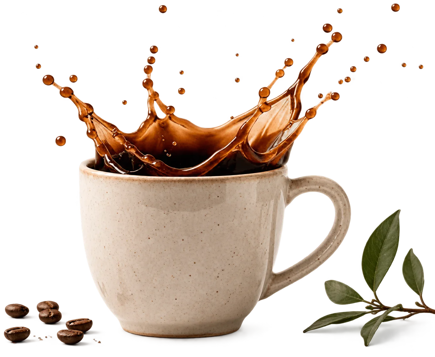 Taza de café de especialidad con granos y hojas de cafeto