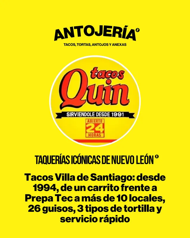 Taquerías icónicas. Sí, en zona Tec también hay tacos 24/7. Tacos Quin, desde los años 90, más de 800 reseñas positivas y tacos de carne asada y barbacoa