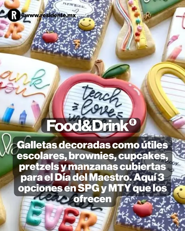 Tres postres decorados como útiles para el Día del Maestro en SPG y MTY