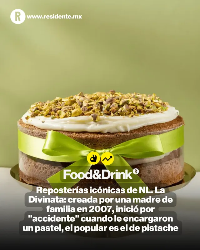Reposterías icónicas de NL. La Divinata: creada por una madre de familia en 2007, inició por "accidente" cuando le encargaron un pastel, el popular es el de pistache