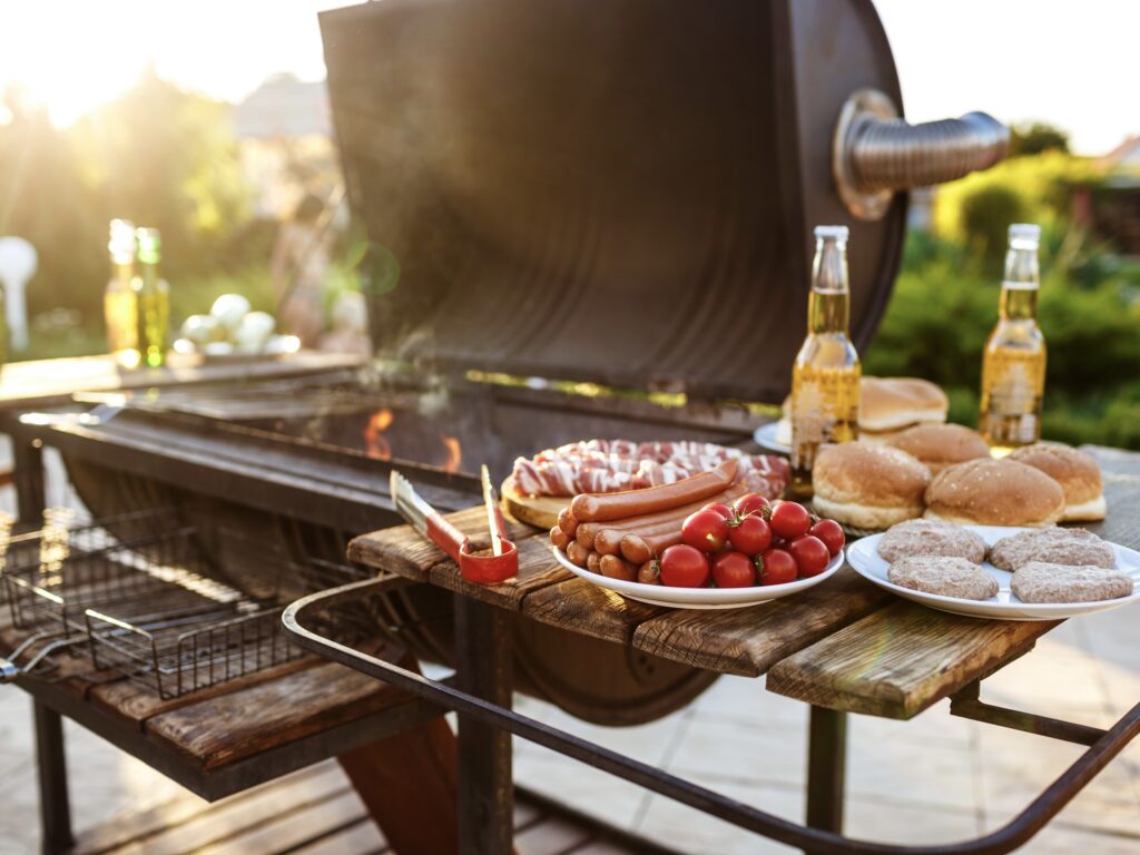 Barbecue grill party. Tasty food on wooden desk.